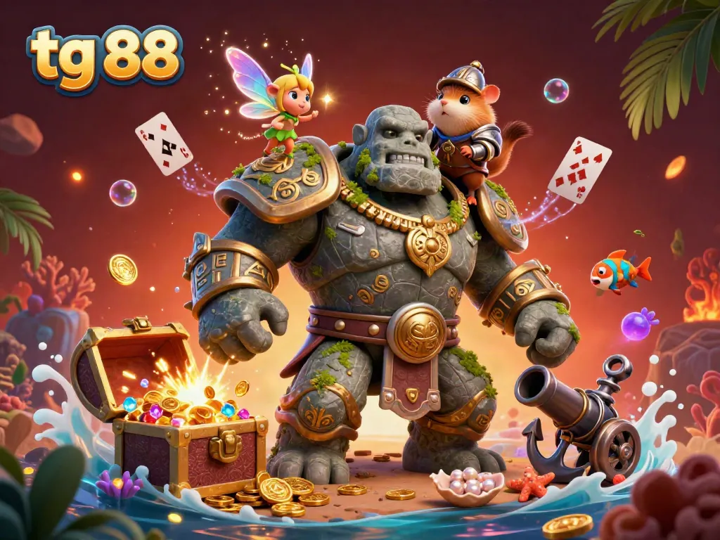 Experience the vibrant world of tg 88, showcasing a magical golem and enchanting characters amidst treasure and casino elements.