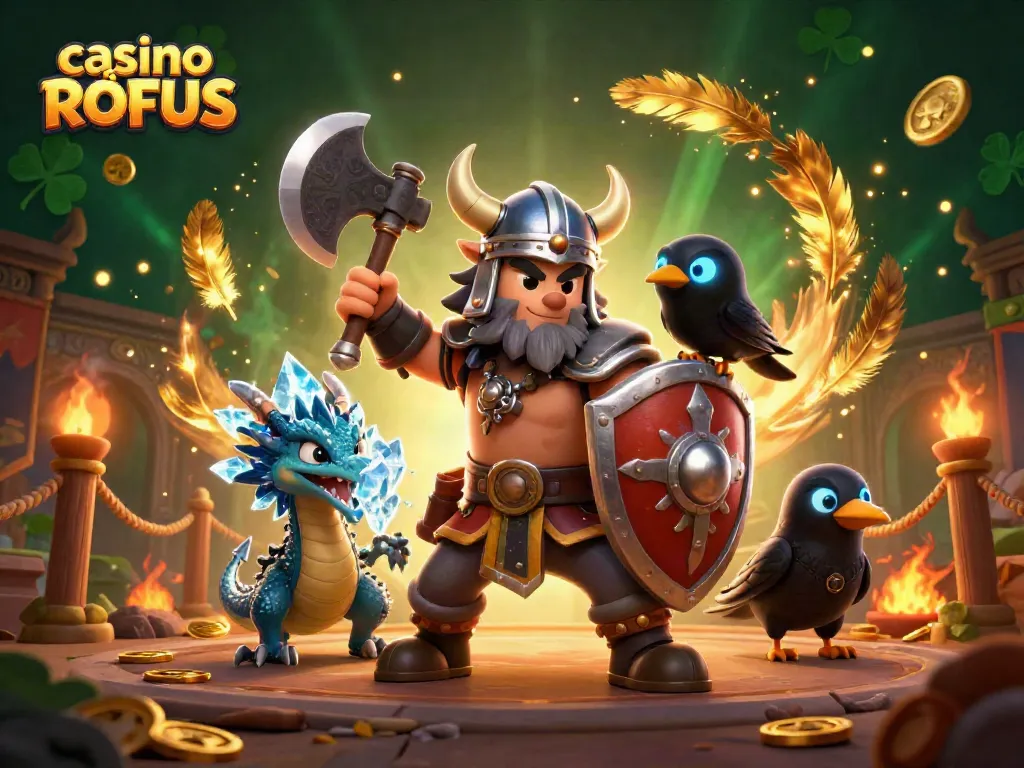 Engage at casino uden ROFUS with an epic Viking wolf warrior and loyal companions in a dramatic 3D scene.