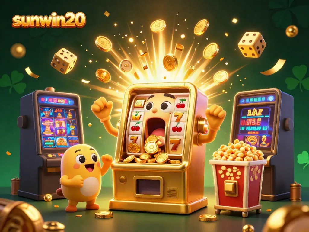 Experience the thrill of winning at sunwin20 with vibrant casino elements and cartoon characters celebrating a jackpot.