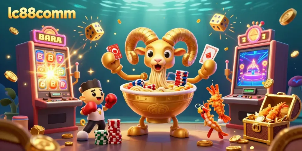 Engage in thrilling casino games with lc88comm's vibrant characters amidst a jackpot explosion.