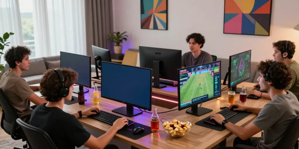 Exciting online gaming experience at https://fabet.com.mx/, players enjoying sports betting in a vibrant living room.
