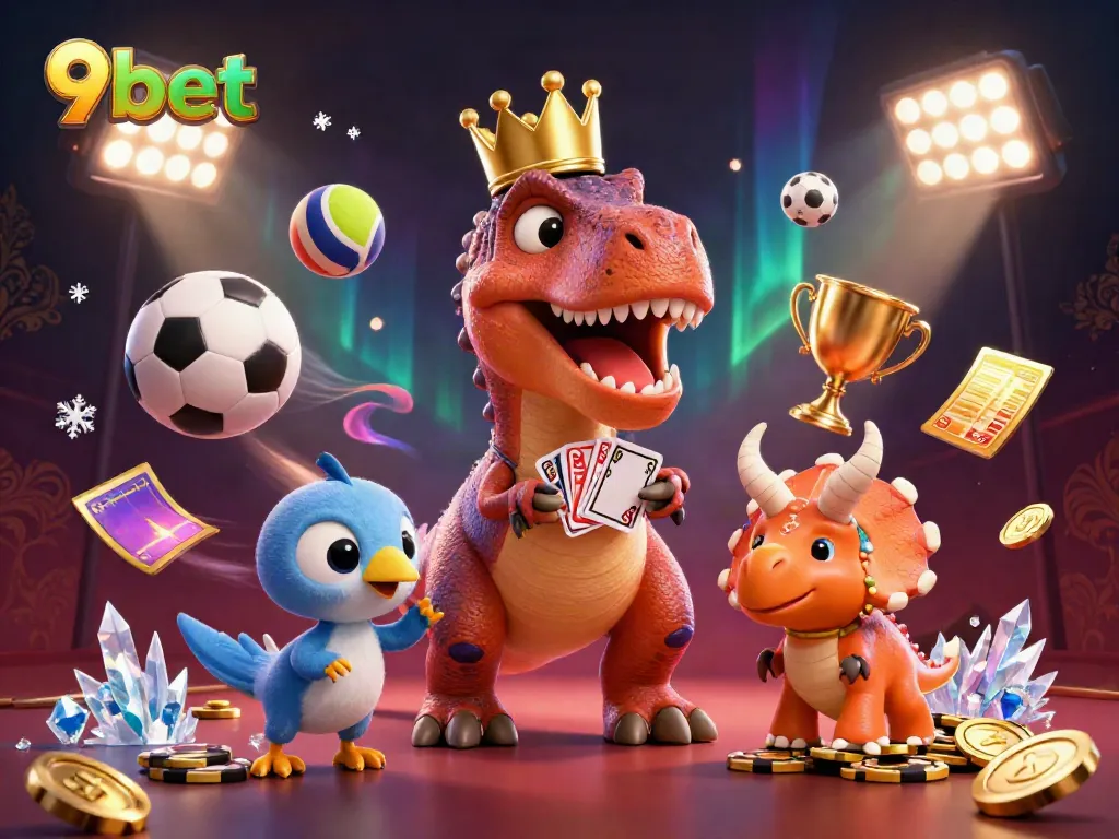 Experience the thrill of 9bet with a playful T-Rex shuffling cards amidst vibrant casino elements.