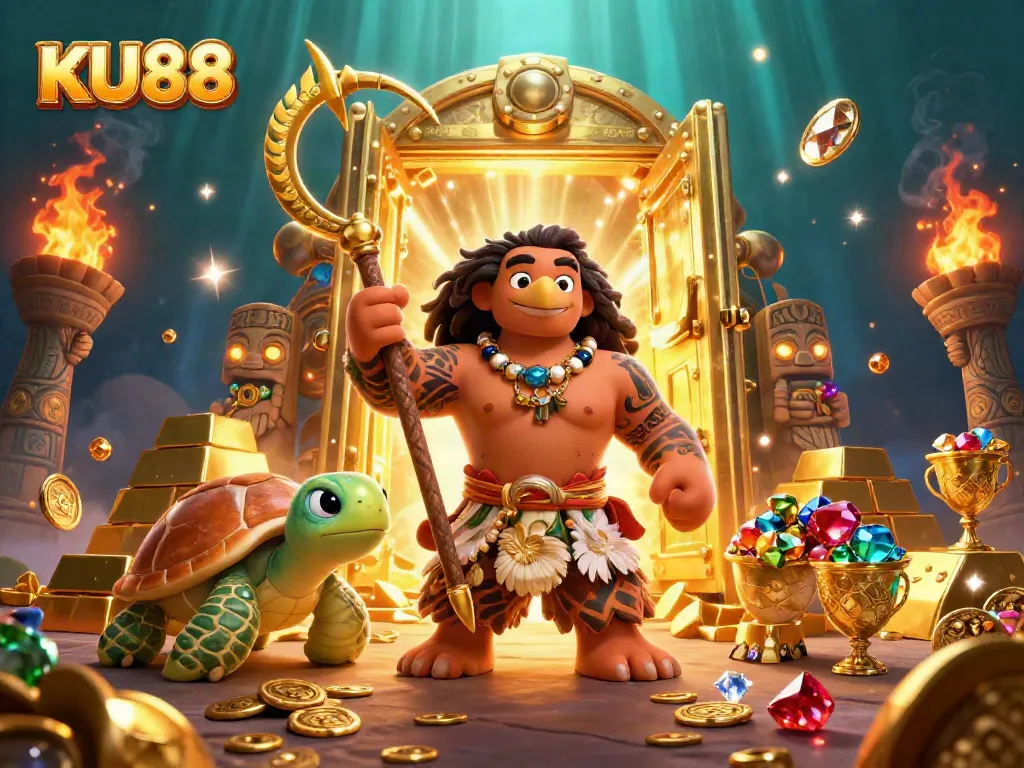 Win jackpots at KU88 with vibrant 3D illustrations featuring demigods and treasure symbols.