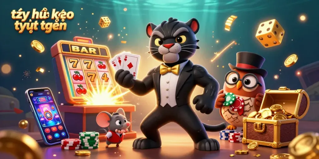 Engaging illustration of tỷ lệ kèo trực tuyến with black panther and owl at a vibrant casino backdrop.