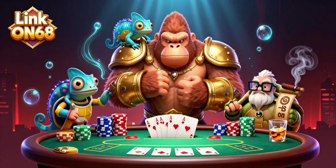 Experience vibrant gambling action with Link ON68 amidst colorful casino elements and iconic characters.