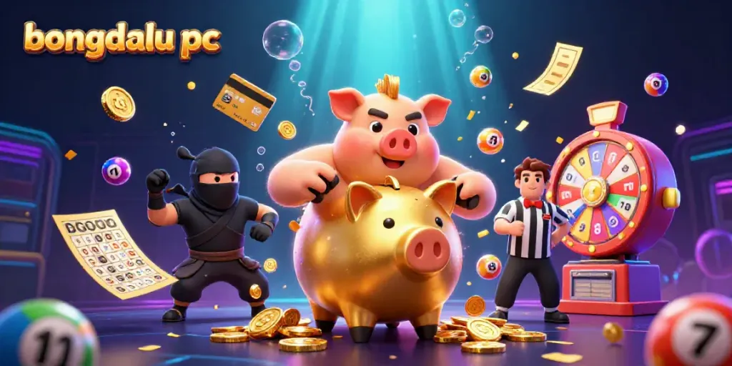 Experience bongdalu pc excitement with golden coins flying and dynamic lottery elements in this vibrant scene.