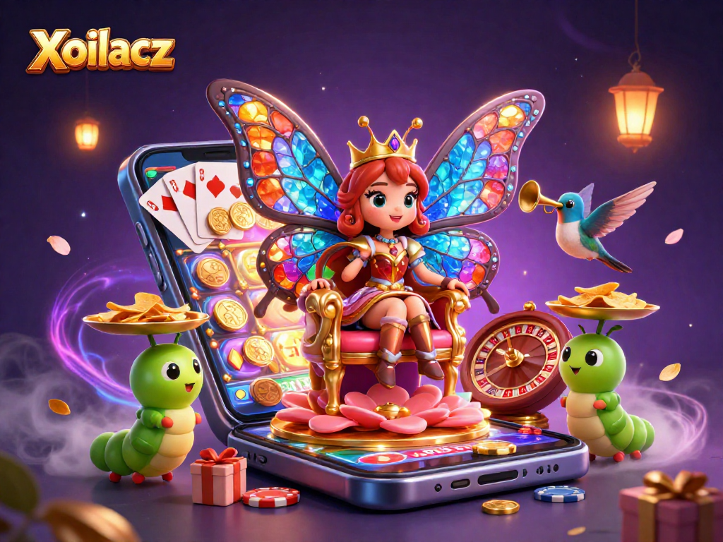 Xoilacz thrills with a 3D butterfly queen offering casino chips amidst gaming excitement.