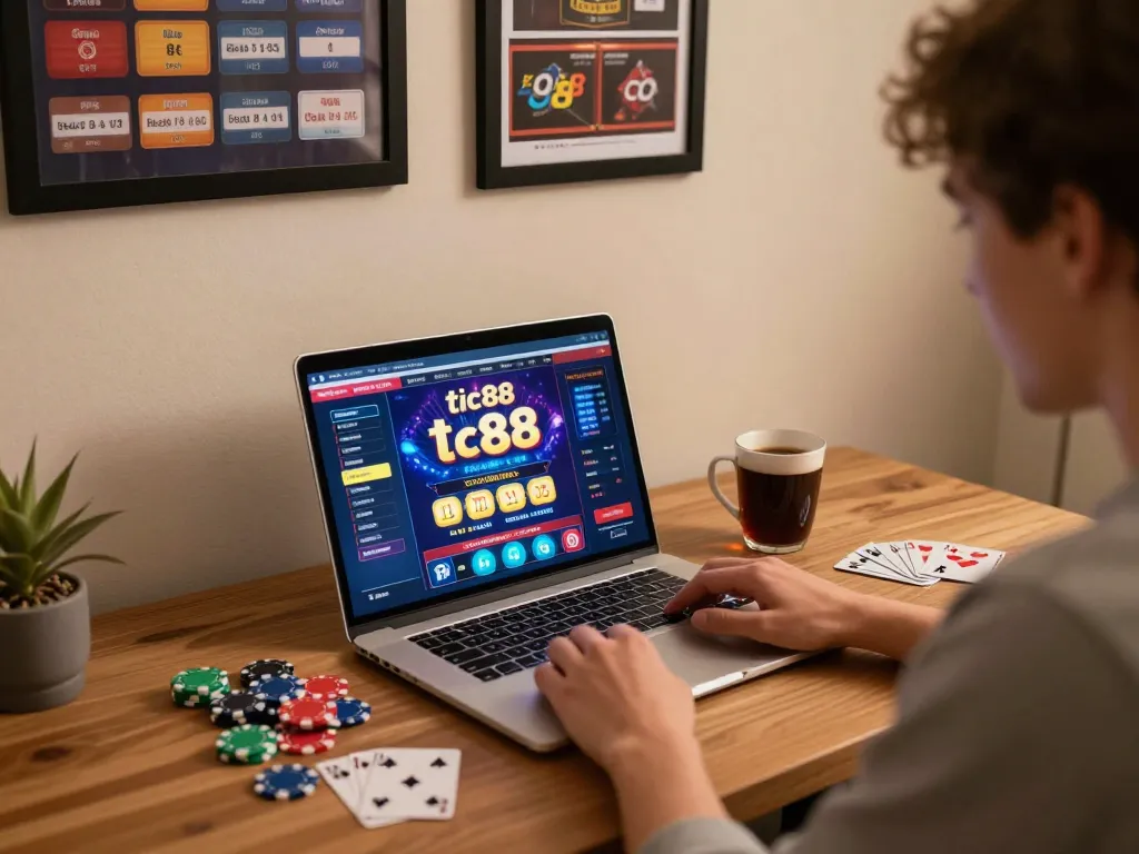 Tic88 gaming experience at home, showcasing a player engaged on a laptop with colorful casino chips around.