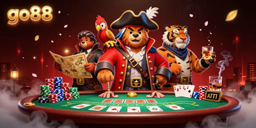 Experience an exciting game at go88 casino with a pirate captain bear and tiger, featuring vibrant poker elements.
