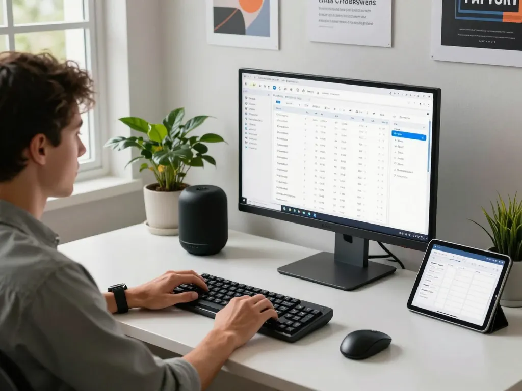 Tech gadgets for productivity in a modern workspace with smart devices and organized desk.