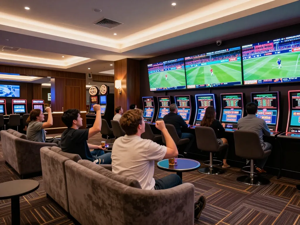 Excited bettors enjoying sports betting at Uk 88's lively lounge filled with screens and enthusiastic discussions.