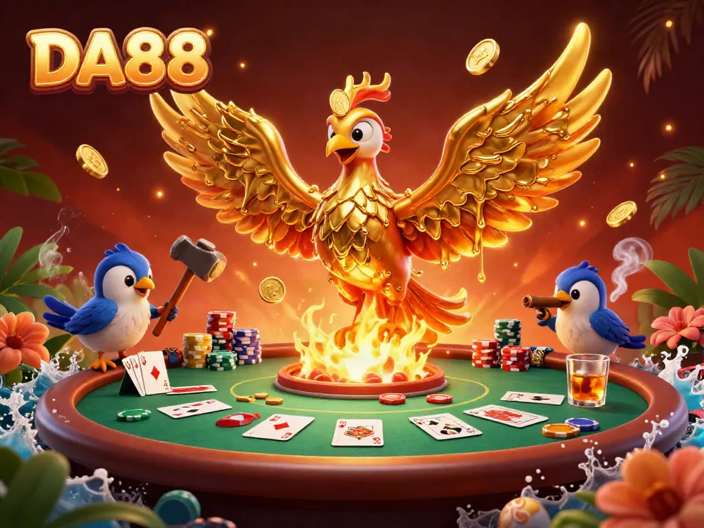 DA88 gaming illustration with molten metal phoenix, poker elements and vibrant colors.