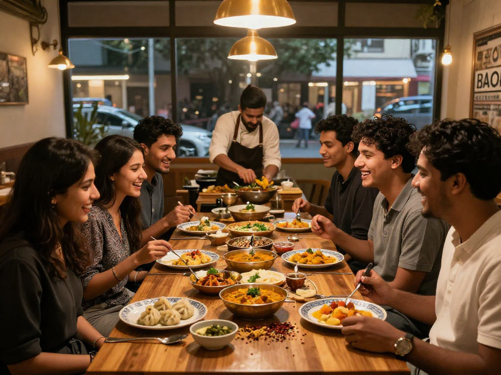 Friends enjoying rokok88 slot login-inspired dining experience with vibrant curry and momo