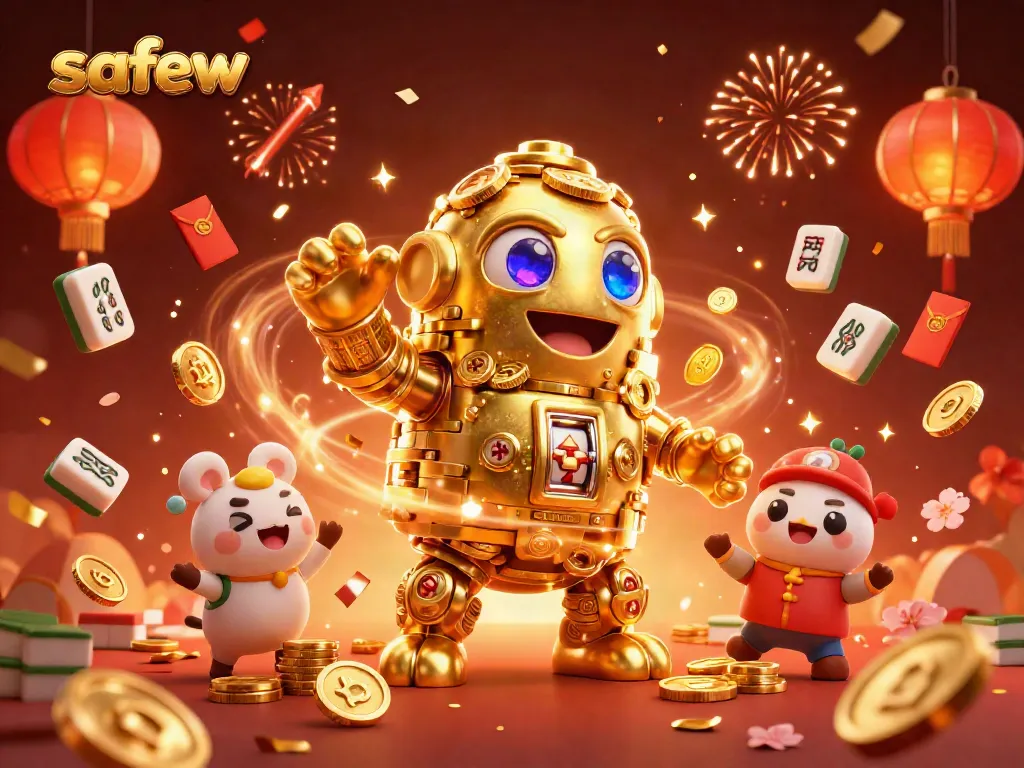 Experience the vibrant gaming world of safew with a dynamic 3D cartoon golden golem surrounded by festive casino elements.