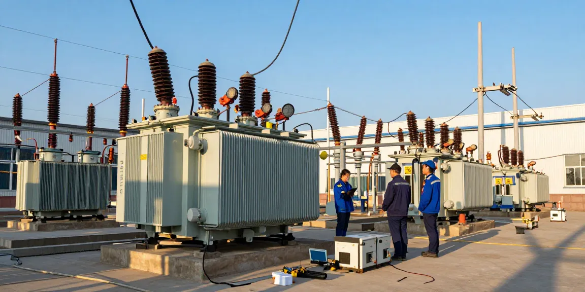 Medium voltage transformers in een buitenonderstation met technici die inspecteren.