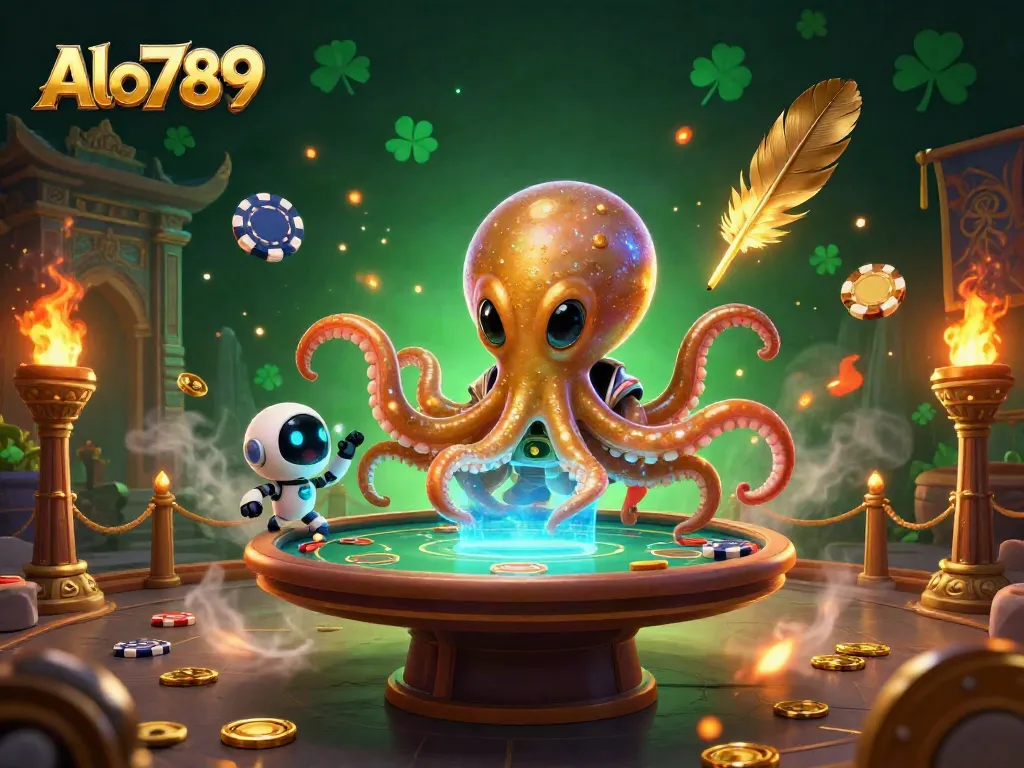Alo789 showcases an alien octopus at a poker table, highlighting vibrant casino action.