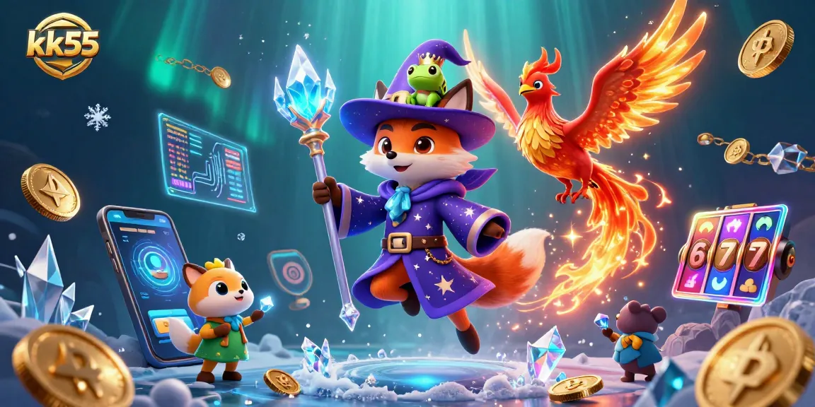 kk55 players spinning slot reels in an enchanting underwater casino with a mystical wizard fox and fiery phoenix.