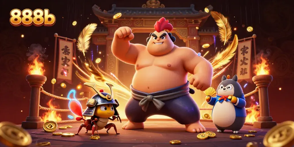 Experience the thrill of 888b with vibrant characters in an exciting casino battle scene.