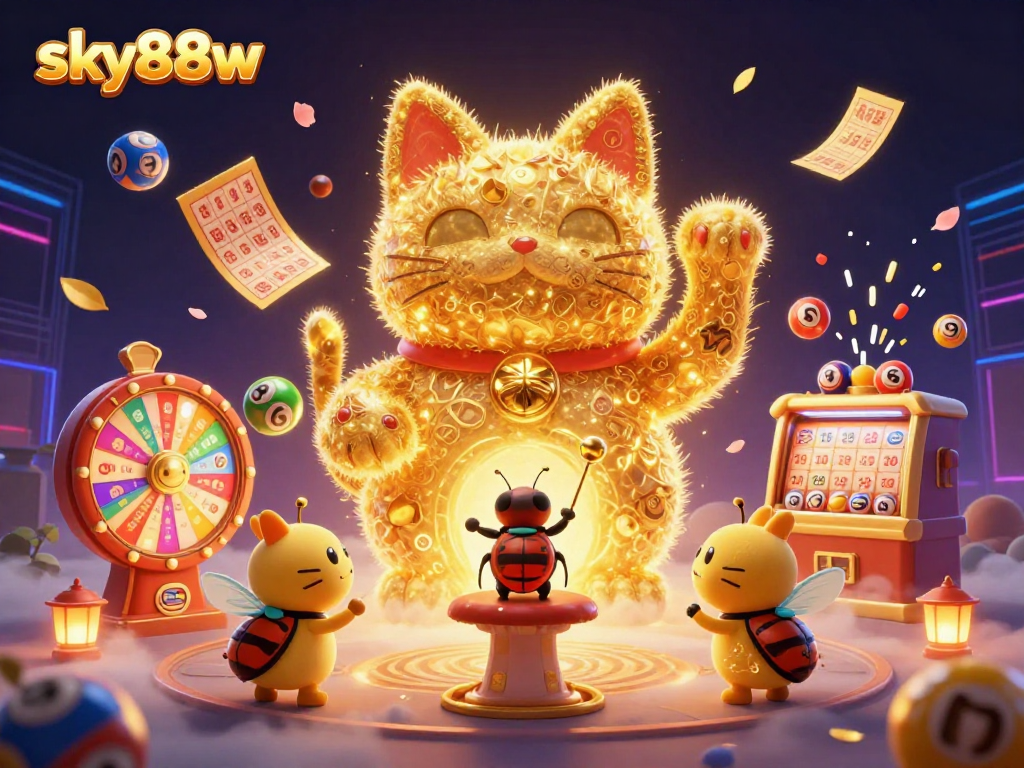 Experience winning with sky88w in this vibrant lottery-themed casino illustration.