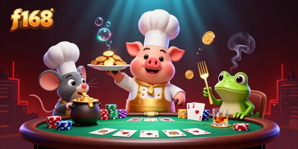 Experience f168's dynamic casino atmosphere with a cartoon pig chef, sous-chef mouse, and critic frog surrounded by vibrant gaming elements.