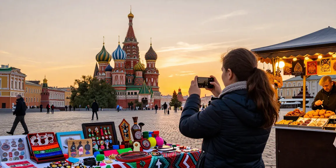 Bezoek aan https://payinrussia.com/ met toerist die iconische Russische bezienswaardigheid vastlegt bij zonsondergang.