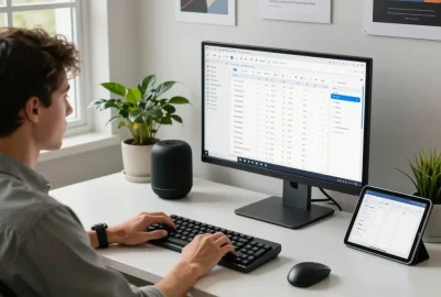 Tech gadgets for productivity in a modern workspace with smart devices and organized desk.