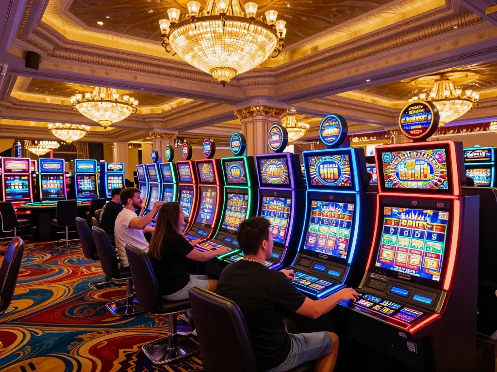 pemain rokok88 menikmati mesin slot yang cerah di pengaturan kasino mewah Las Vegas