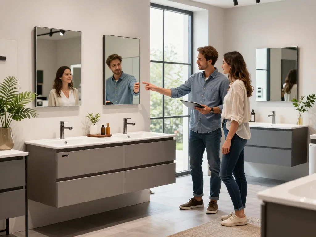 INK badkamermeubel showroom met stijlvolle ontwerpen, een interieurontwerper die een paar helpt bij de selectie, warme natuurlijke verlichting, elegante sfeer.