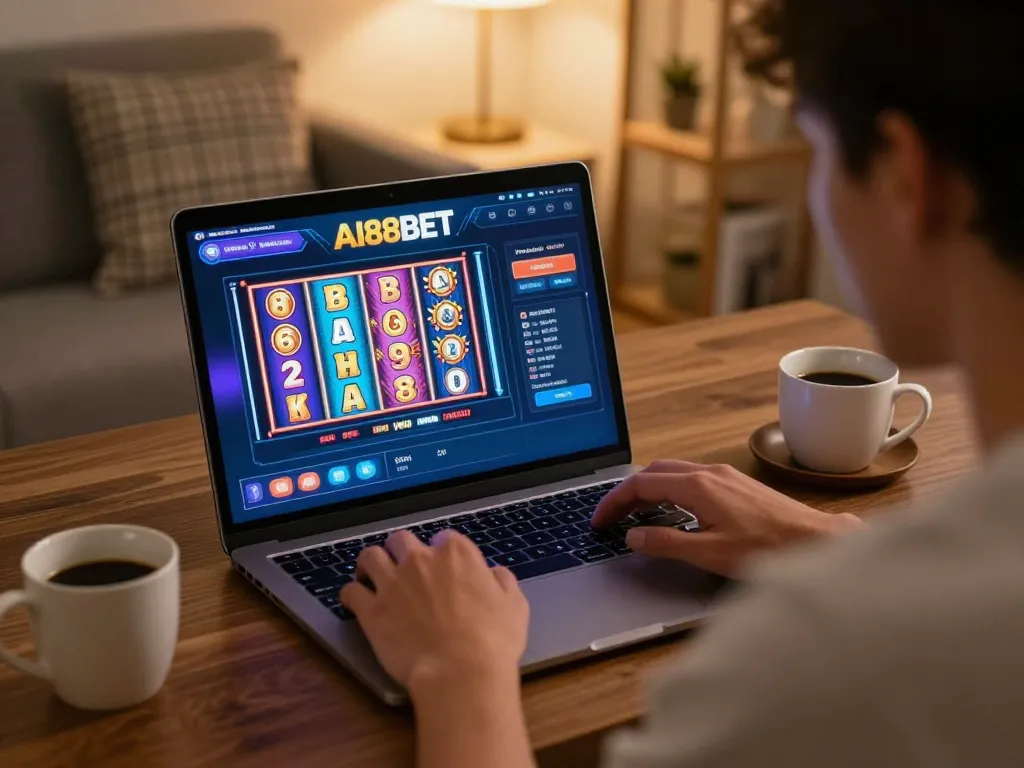 Player enjoys engaging with AI88BET online slots at home, showcasing a dynamic gaming moment.