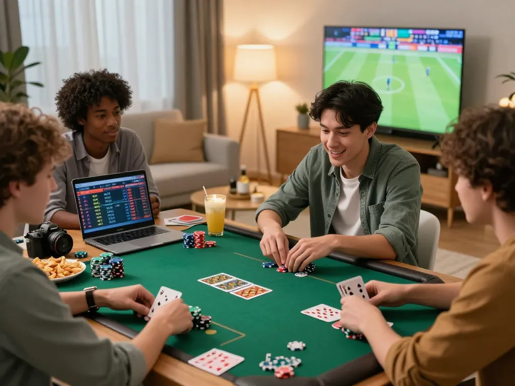 Engaged friends enjoying Cá cược Five88 during a lively game night at home, showcasing a social betting atmosphere.