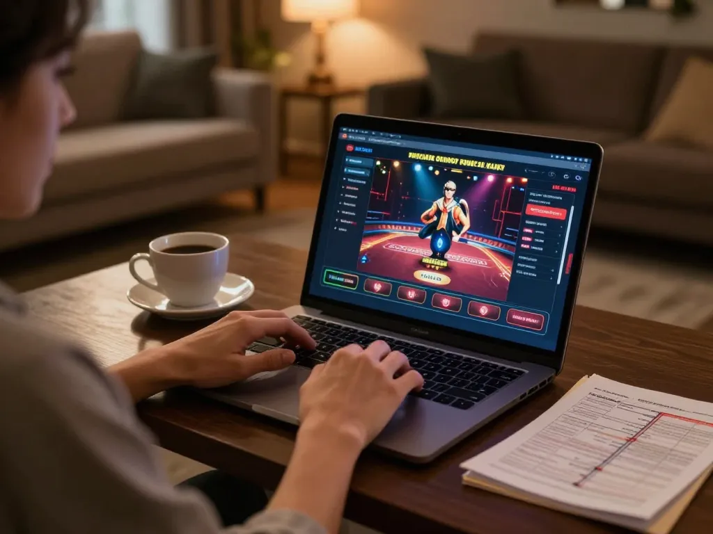 79KING players engaging in online casino games from a cozy home, showcasing strategic gameplay.