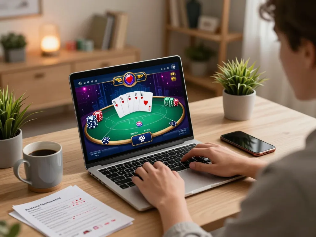Engaging in online poker gameplay on 79sodoni's platform, showcasing cards and chips in action.