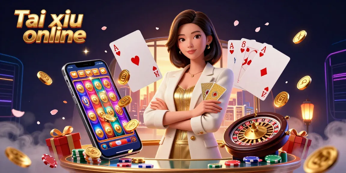 Experience the excitement of Tai xiu online with a powerful Asian businesswoman amidst vibrant casino elements.