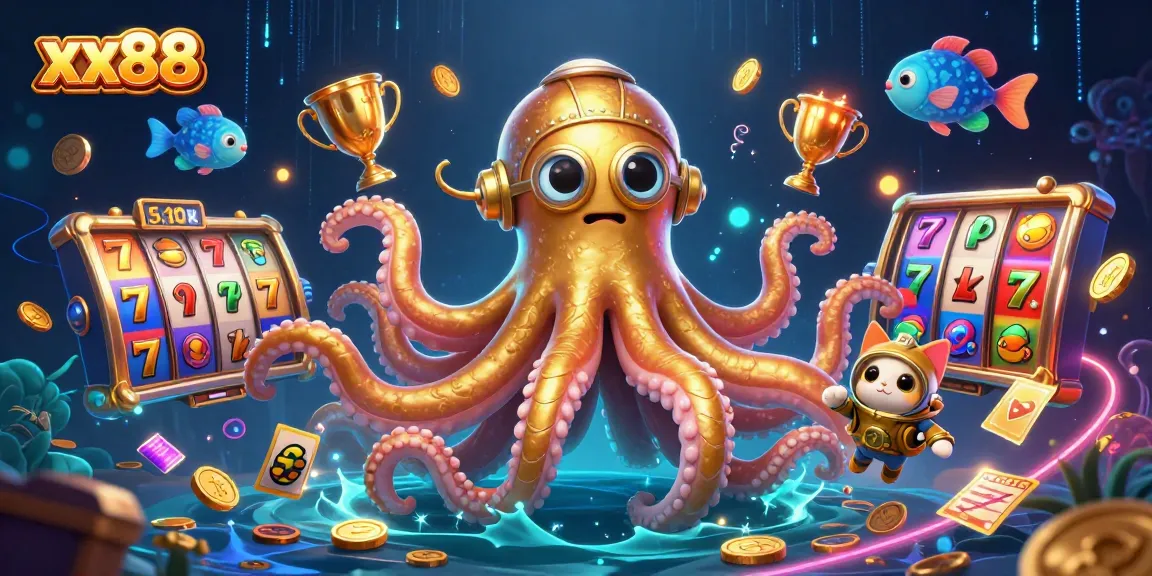 Engage with xx88's immersive gaming experience featuring a dynamic kraken and diving cat in a treasure-filled ocean.