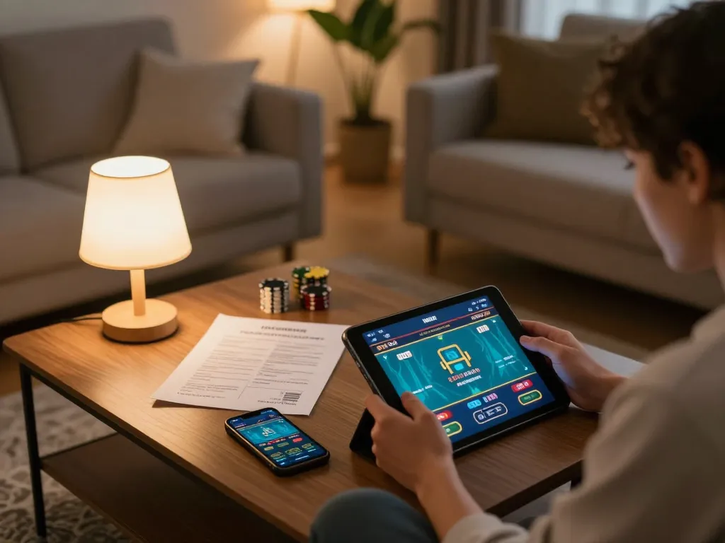 Engaged player experiencing Vin88 mobile gaming on tablet with strategic notes and app on smartphone.