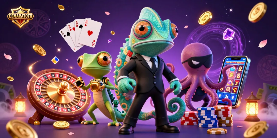 CEMARATOTO offers an exciting casino experience with engaging characters and dynamic gaming elements in a colorful scene.