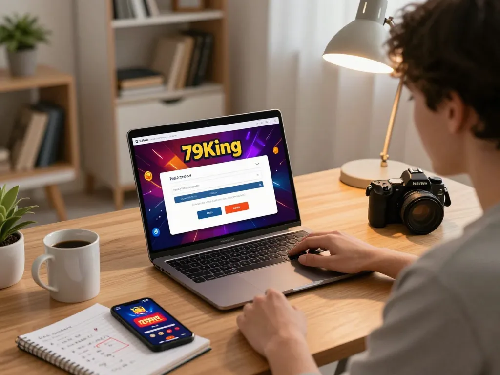 Registering for 79king online gaming with a laptop, showcasing a vibrant interface and strategy notes in a cozy home office.