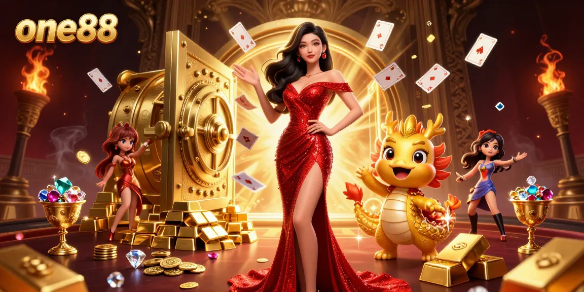 Win big at one88 casino with a glamorous evening scene featuring a confident Asian woman, golden dragon, and vibrant casino elements.