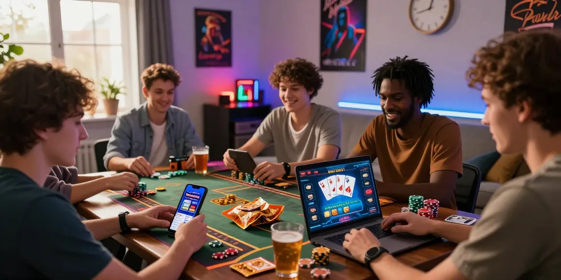 Spieler genießen ein Paysafe Card Casino Erlebnis zu Hause mit Snacks und Geräten in einer gemütlichen Umgebung.