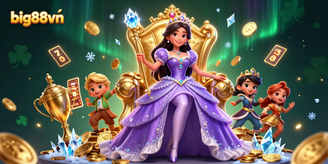 Bet big88vn with a regal princess surrounded by golden casino elements and dynamic game action.