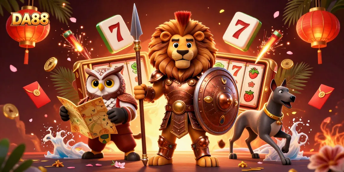 DA88 showcases a thrilling casino experience with a Spartan lion, lucky symbols, and vibrant elements.