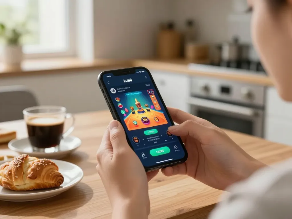 Player enjoying the Lu88 app for online betting on smartphone in a cozy kitchen setting