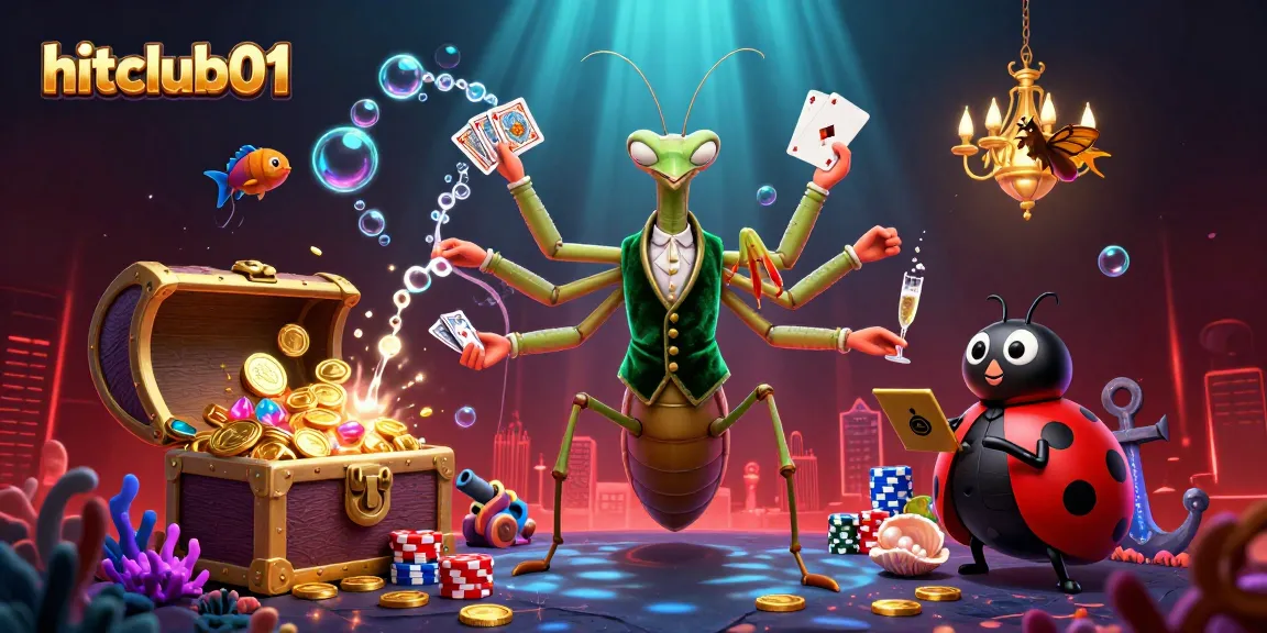 Hitclub01 presents a dynamic 3D casino scene featuring a giant mantis card sharp engaging in gambling activities.