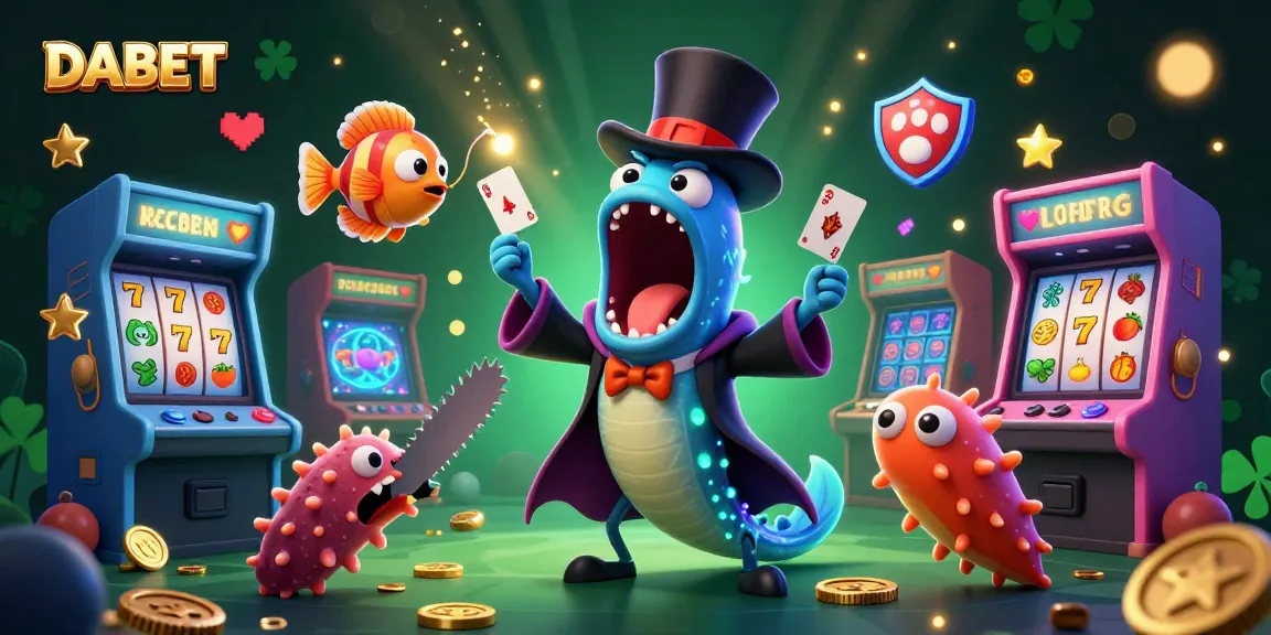 DABET's vibrant gaming action features a captivating eel magician and anglerfish illuminator amidst slot machines.