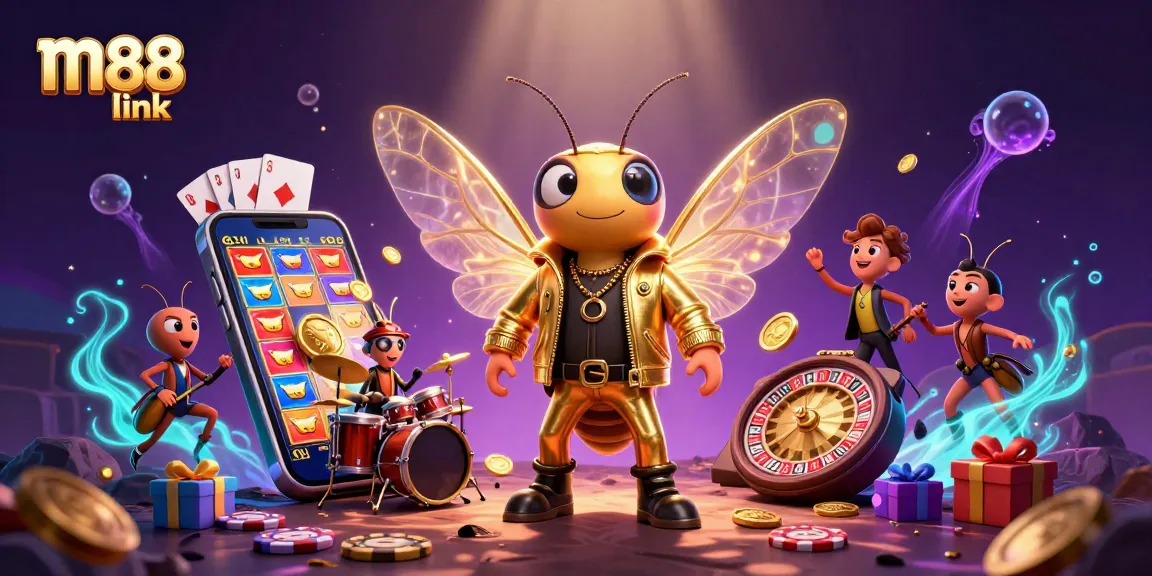Experience thrilling gaming with m88 link: vibrant 3D scene of a rock star cicada and dynamic casino elements.