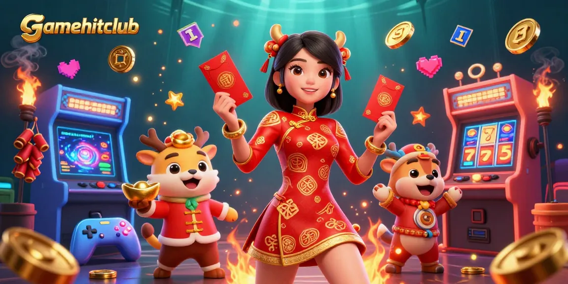 Experience gamehitclub's vibrant atmosphere with an exciting slot machine scene filled with festive elements.