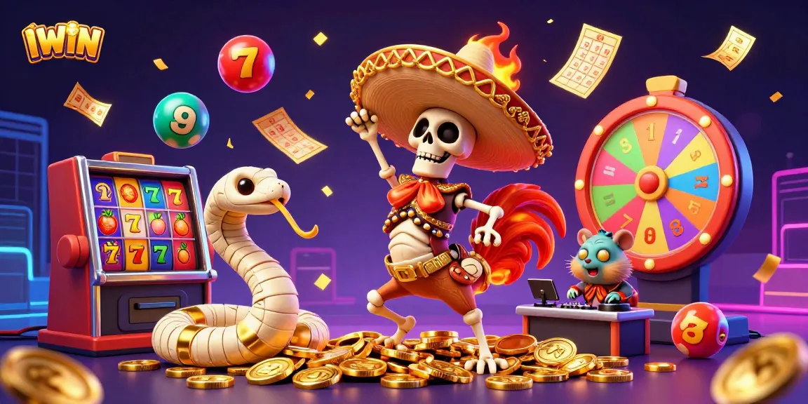 IWIN's immersive casino scene with a mariachi rooster, mummy snake, and DJ hamster, winning big.