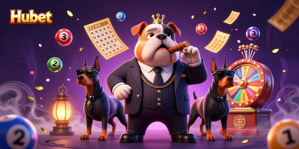 Engage with Hubet's thrilling gaming world featuring mafia characters, lottery elements, and a colorful celebration.