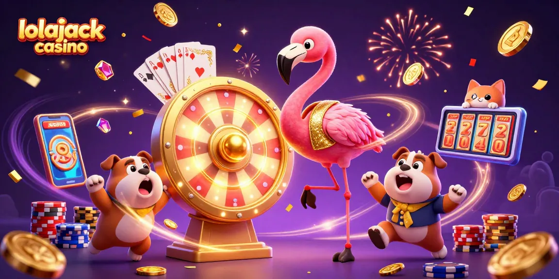 Experience thrilling moments at lolajack casino with cartoon characters celebrating wins and exciting games.