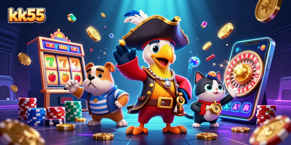 kk55 players winning big with cascading coins and vibrant slot machines in a lively casino.